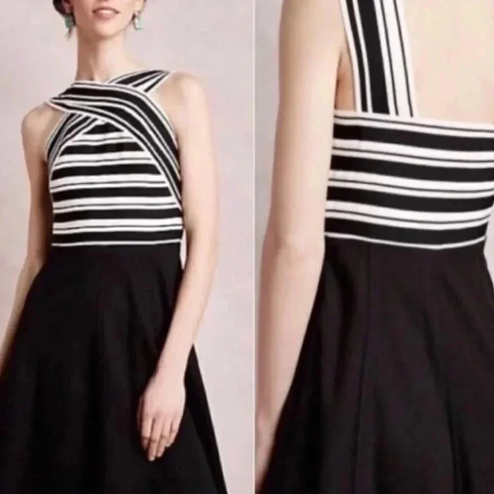 Anthropologie Maeve Crosswise Flare Striped Bandage Black White Dress Size 4 - Picture 6 of 7
